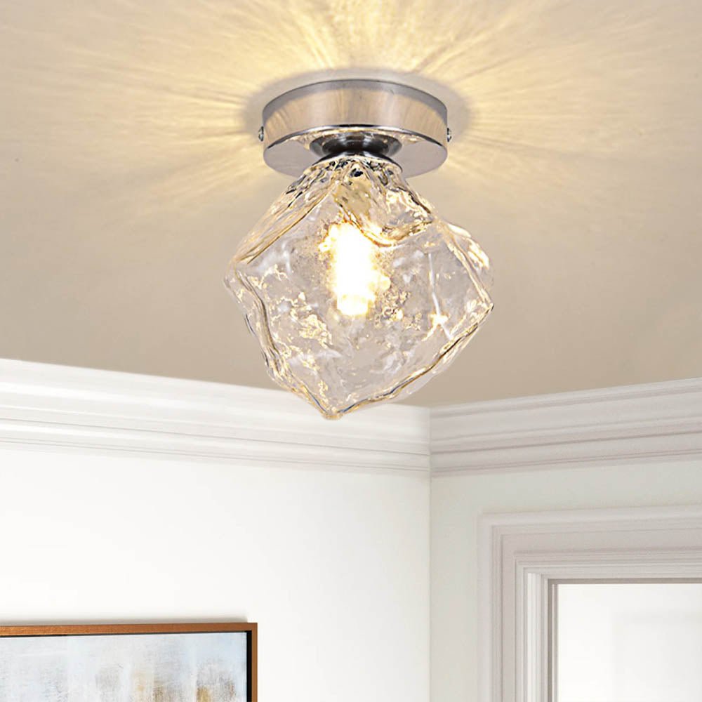 1-Light Ice Glass Semi Flush Mount Ceiling Light in Chrome for