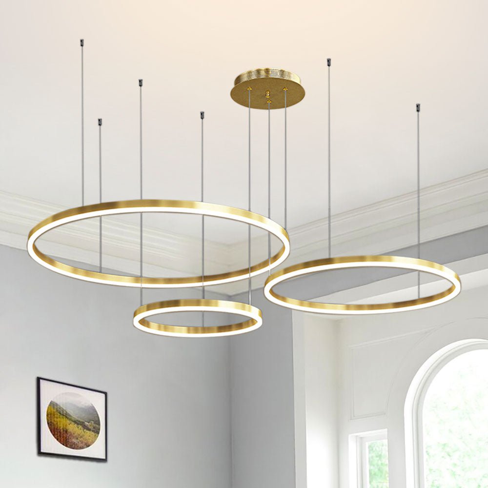 Contemporary 3-Ring LED Chandelier in Brush Gold, LED Flush Mount
