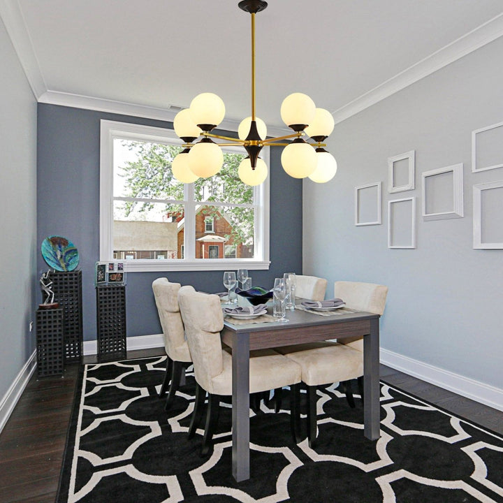 10-Light Mid-Century Chandeliers in Brushed Brass with Opal Glass