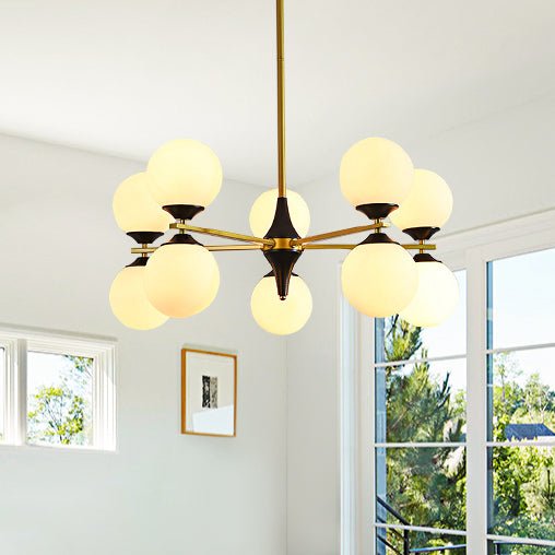 10-Light Mid-Century Chandeliers in Brushed Brass with Opal Glass