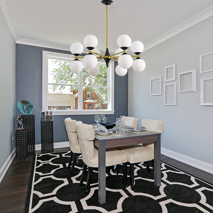 12-Light Mid-Century Chandeliers in Brushed Brass with Opal Glass