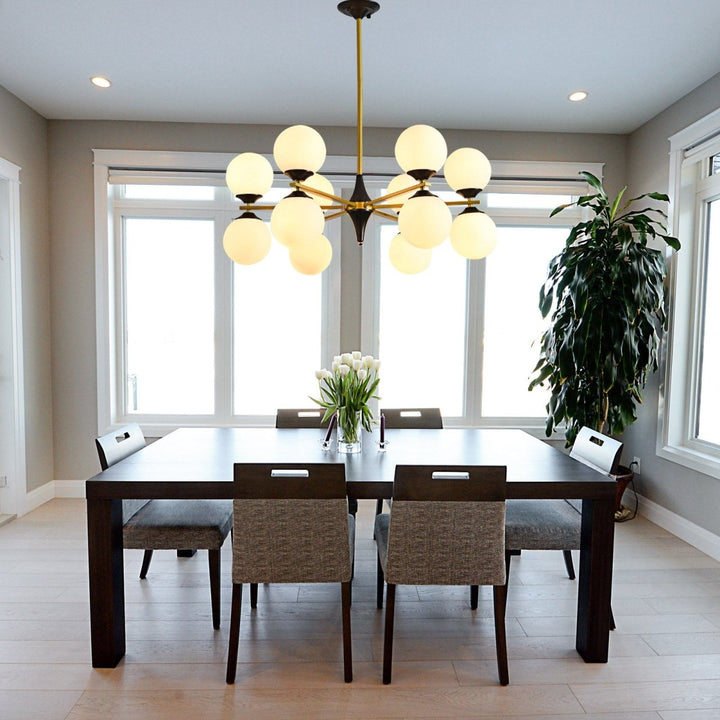 12-Light Mid-Century Chandeliers in Brushed Brass with Opal Glass