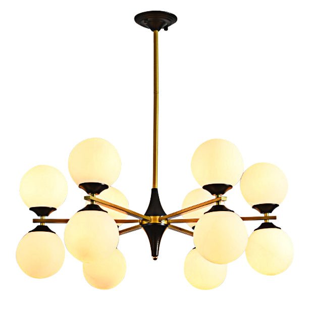 12-Light Mid-Century Chandeliers in Brushed Brass with Opal Glass