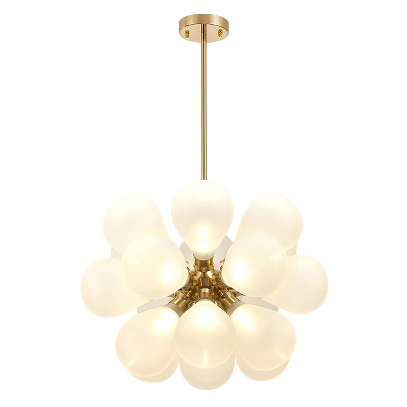 Illuminate your space with this stunning 18-Light Sputnik Bubble Chandelier Pendant in Brass with Frosted Glass. Adorned with mid-century modern styling, this hanging light features 18 frosted milky glass shades and an antique brass finish, that combines to create a beautiful glass sputnik design. It provides a warm and cozy light, perfect for a living room, dining room, or entryway. It is also safe to use in your bathroom! Get luminous style now!