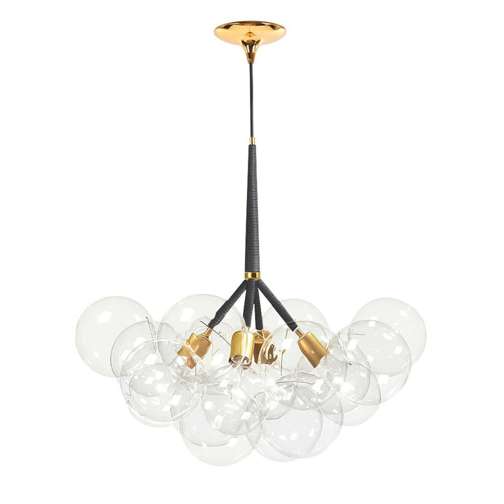 Light up any room with this exquisitely designed 4-Light Modern Cluster Bubble Glass Chandelier. Its clear bubble glass shade design, black and gold metal frame, and leather pole cover add a modern and luxurious touch to your decor. Perfect for living rooms, bedrooms, and dining rooms, this designer chandelier will show off your unique style.