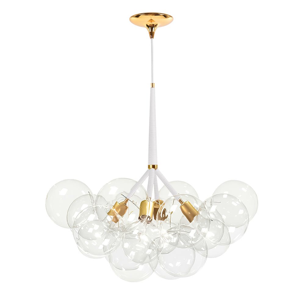 Light up any room with this exquisitely designed 4-Light Modern Cluster Bubble Glass Chandelier. Its clear bubble glass shade design, black and gold metal frame, and leather pole cover add a modern and luxurious touch to your decor. Perfect for living rooms, bedrooms, and dining rooms, this designer chandelier will show off your unique style.