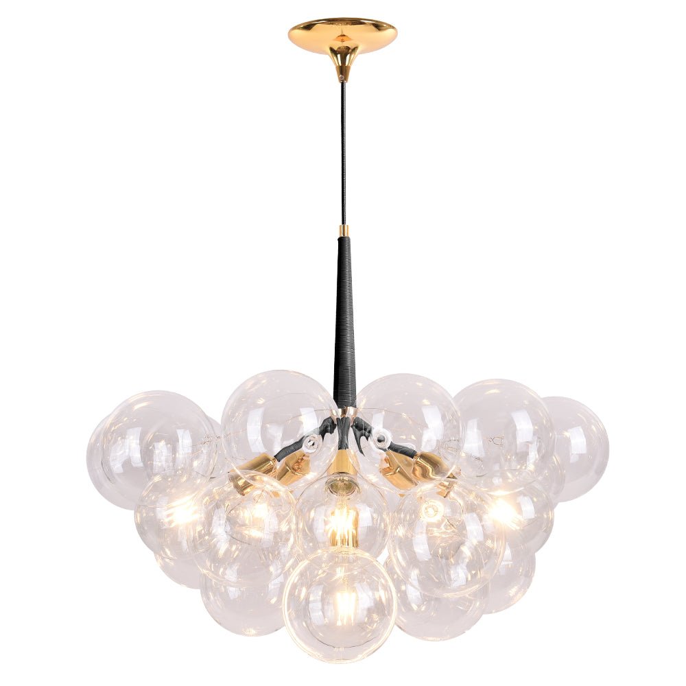 Make a statement with this modern 6-Light Cluster Bubble Glass Chandelier! Its impressive size, clear bubble glass shades, and black and gold metal frames make it an eye-catching piece. The leather pole cover adds a touch of luxury, perfect for modern décor lighting in your living room, bedroom, or dining room. Transform your home with style!