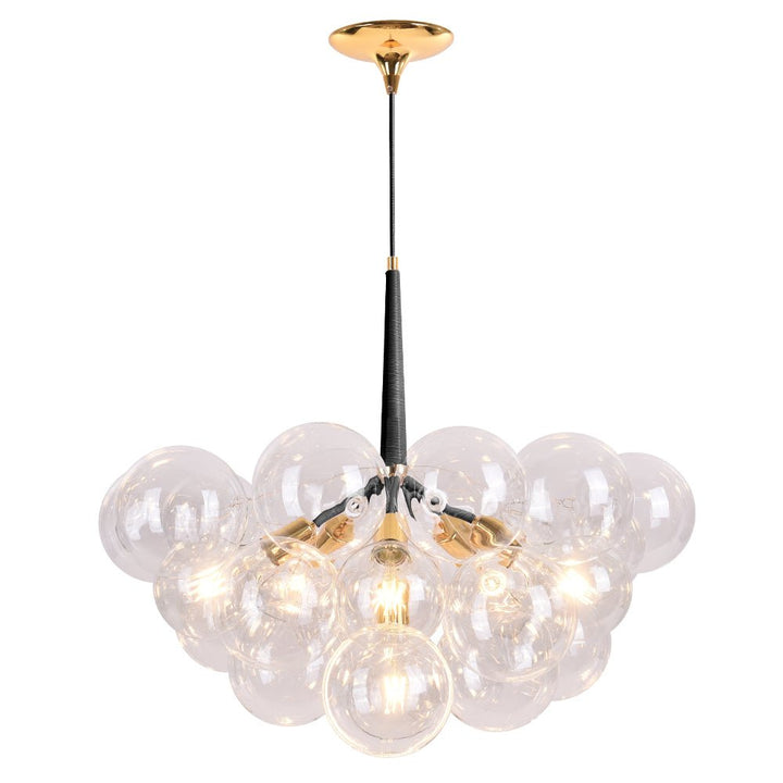 Make a statement with this modern 6-Light Cluster Bubble Glass Chandelier! Its impressive size, clear bubble glass shades, and black and gold metal frames make it an eye-catching piece. The leather pole cover adds a touch of luxury, perfect for modern décor lighting in your living room, bedroom, or dining room. Transform your home with style!