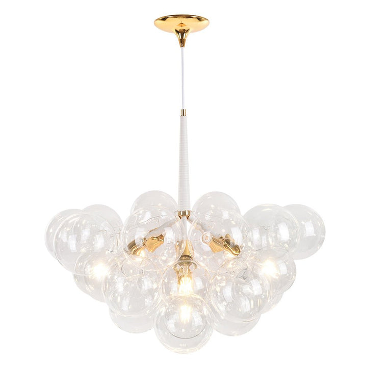 Make a statement with this modern 6-Light Cluster Bubble Glass Chandelier! Its impressive size, clear bubble glass shades, and black and gold metal frames make it an eye-catching piece. The leather pole cover adds a touch of luxury, perfect for modern décor lighting in your living room, bedroom, or dining room. Transform your home with style!