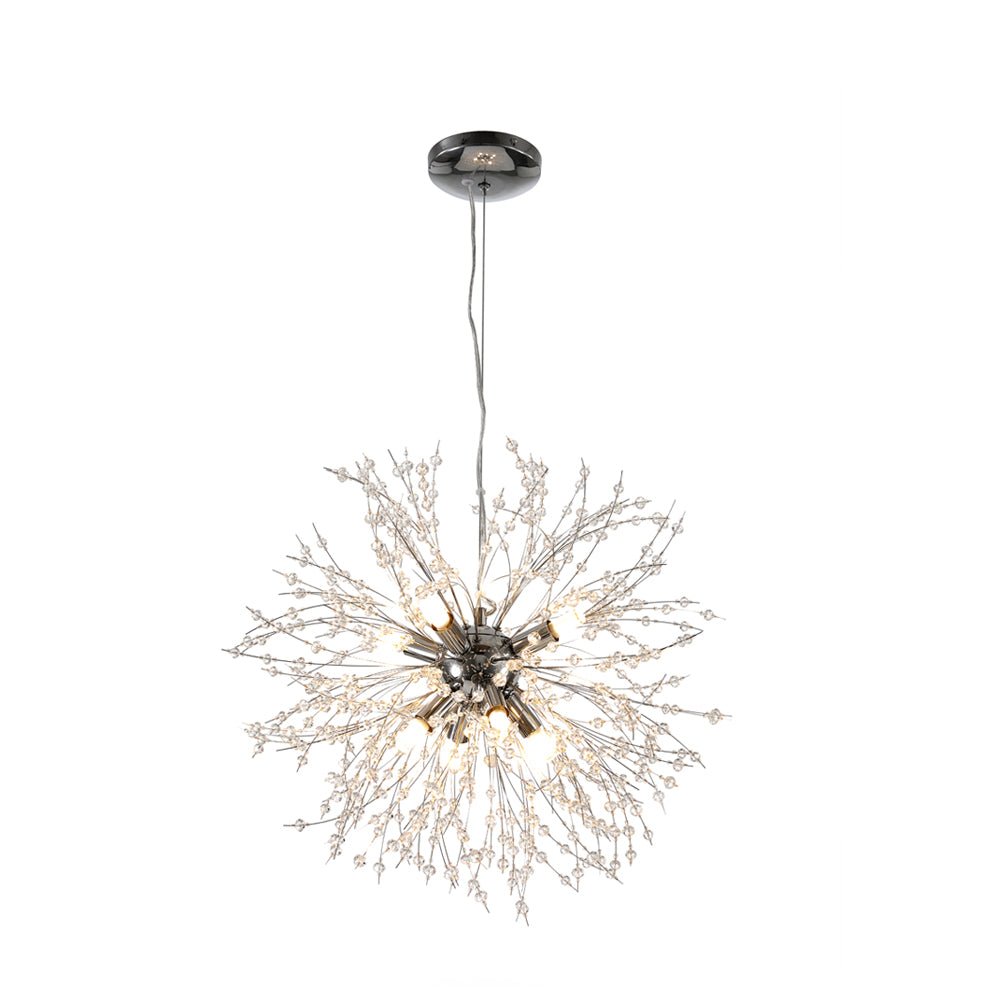 Add a modern sparkle to your home with our 8-Light Firework Crystal Chandelier! Styled with an intricately designed starburst chandelier and dandelion chandelier, this chandelier provides a stunning effect of lights and shadows. Comes with dimmable LEDs, the chandelier will add a unique and gorgeous atmosphere to all your living spaces.