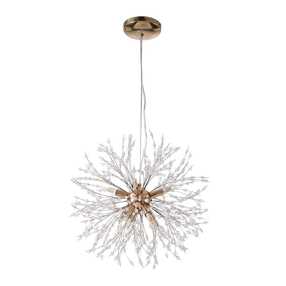 Add a modern sparkle to your home with our 8-Light Firework Crystal Chandelier! Styled with an intricately designed starburst chandelier and dandelion chandelier, this chandelier provides a stunning effect of lights and shadows. Comes with dimmable LEDs, the chandelier will add a unique and gorgeous atmosphere to all your living spaces.