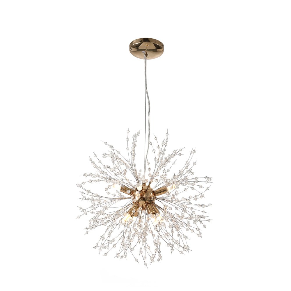 Add a modern sparkle to your home with our 8-Light Firework Crystal Chandelier! Styled with an intricately designed starburst chandelier and dandelion chandelier, this chandelier provides a stunning effect of lights and shadows. Comes with dimmable LEDs, the chandelier will add a unique and gorgeous atmosphere to all your living spaces.