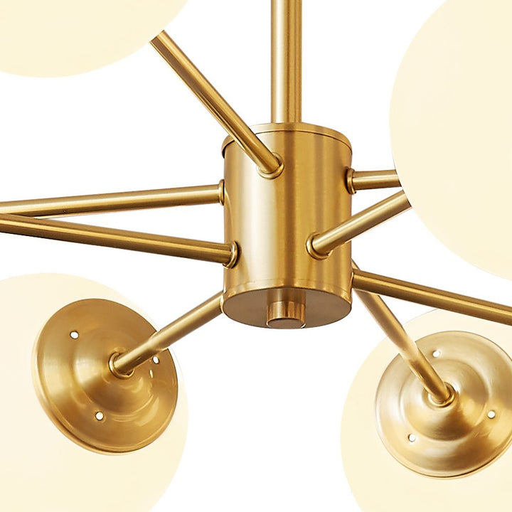 This 8-Light Tired Brass Sputnik Chandelier with Opal Glass is the ideal statement piece for any mid century modern design. Its unique design features sputnik arms and opal glass shades to cast powerful lighting for your dining room or kitchen. The brass metal construction ensures durability, while the milky glass creates a gentle diffusion of light. Transform your space with this sophisticated piece.