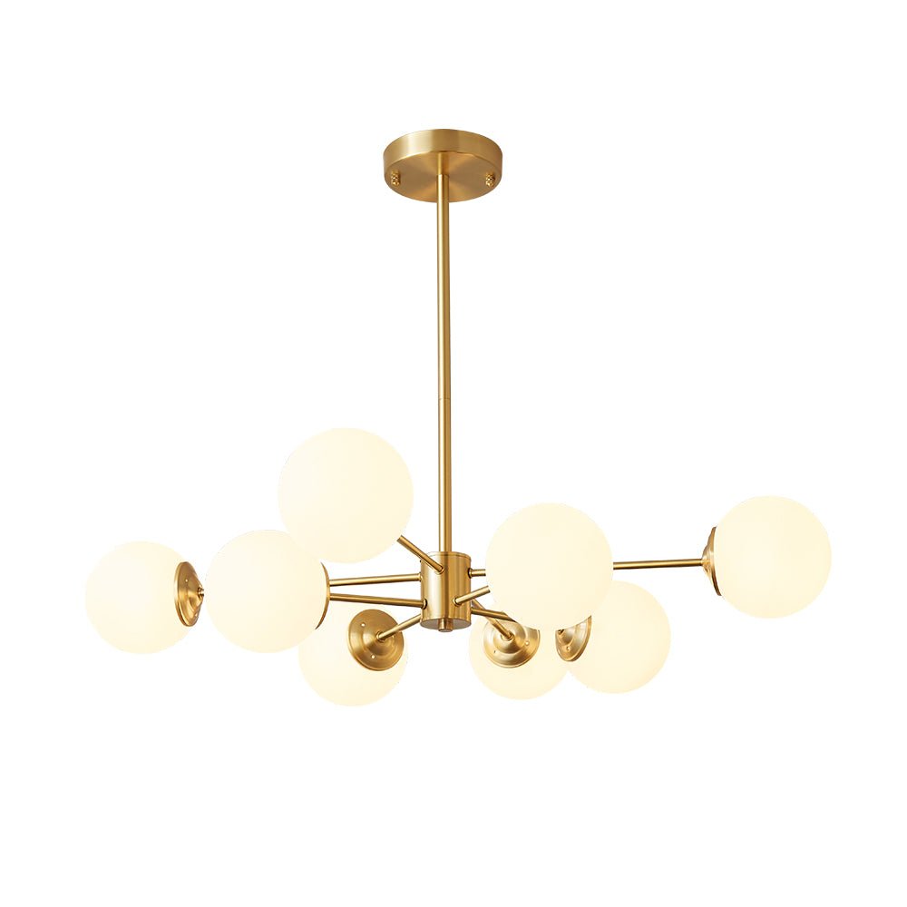 This 8-Light Tired Brass Sputnik Chandelier with Opal Glass is the ideal statement piece for any mid century modern design. Its unique design features sputnik arms and opal glass shades to cast powerful lighting for your dining room or kitchen. The brass metal construction ensures durability, while the milky glass creates a gentle diffusion of light. Transform your space with this sophisticated piece.