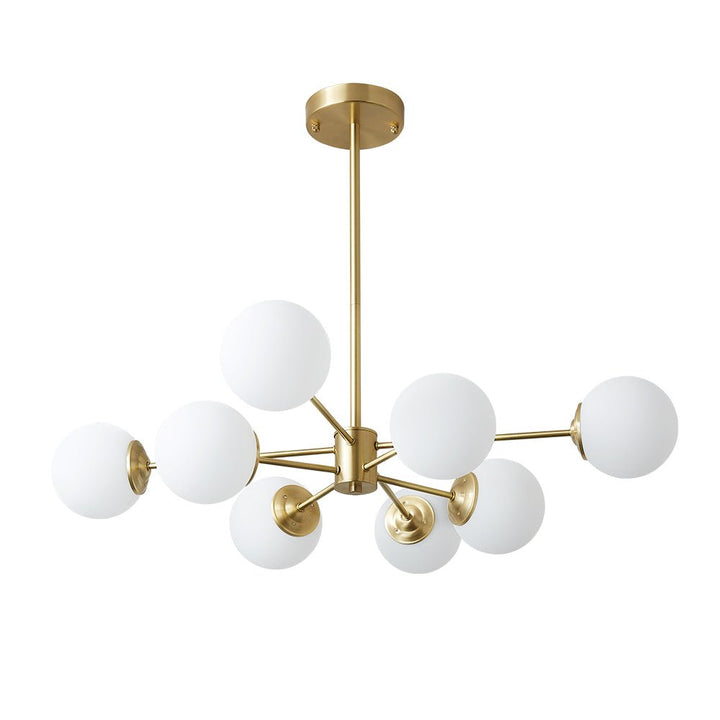 This 8-Light Tired Brass Sputnik Chandelier with Opal Glass is the ideal statement piece for any mid century modern design. Its unique design features sputnik arms and opal glass shades to cast powerful lighting for your dining room or kitchen. The brass metal construction ensures durability, while the milky glass creates a gentle diffusion of light. Transform your space with this sophisticated piece.