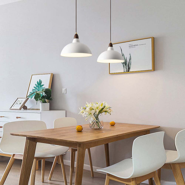 Light up your kitchen island or dining table with the 1-Light Modern White Dome Pendant Light! The sleek modern design complements any modern space while the wood accents add warmth. The dome shape casts a warm light in your kitchen, creating an inviting and comforting atmosphere. Illuminate your kitchen with this modern and stylish pendant light!