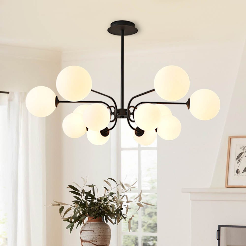 12-Light Black Sputnik Chandelier with Milk Glass Globe