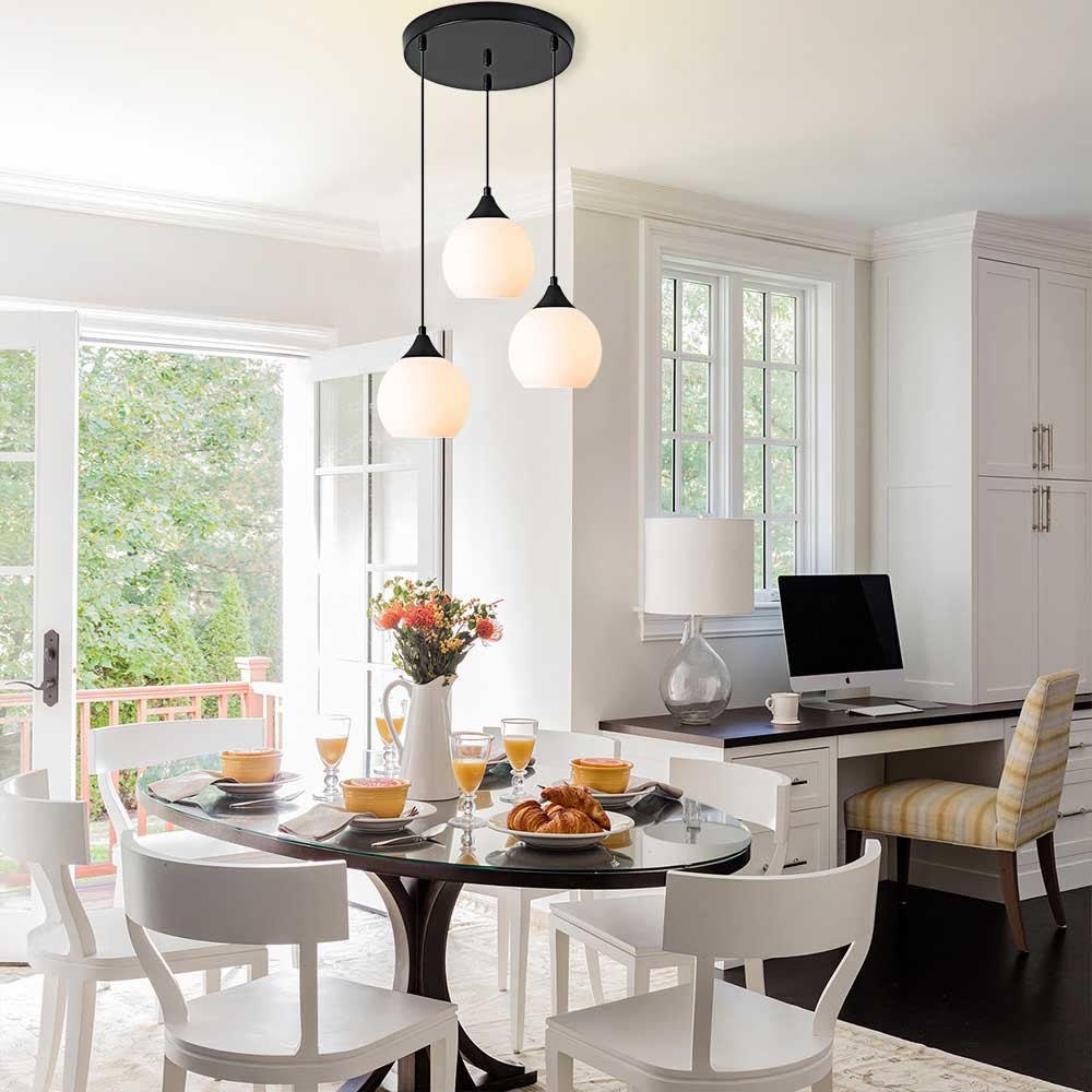 3-Light Staggered Pendant with Opal Globe Glass Shade, Dining Room