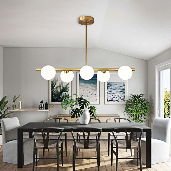 5-Light Linear Brass Chandelier with Milk Glass Globes