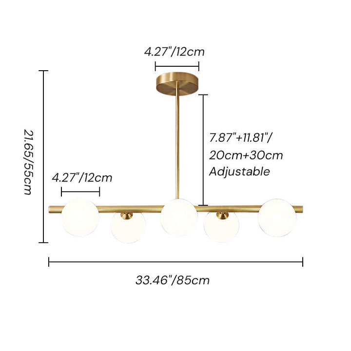 5-Light Linear Brass Chandelier with Milk Glass Globes