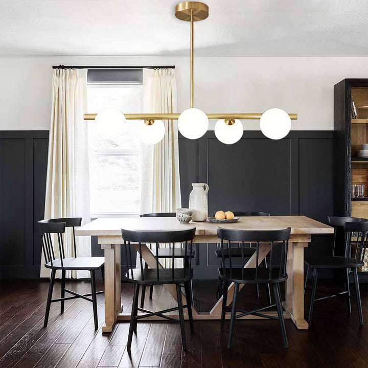 5-Light Linear Brass Chandelier with Milk Glass Globes