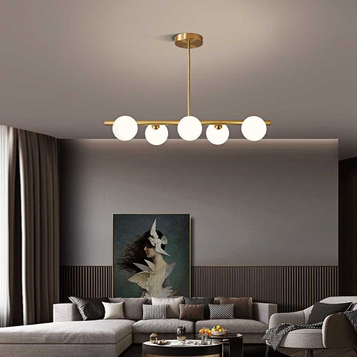 5-Light Linear Brass Chandelier with Milk Glass Globes