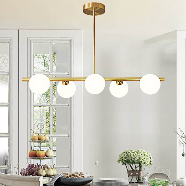 5-Light Linear Brass Chandelier with Milk Glass Globes