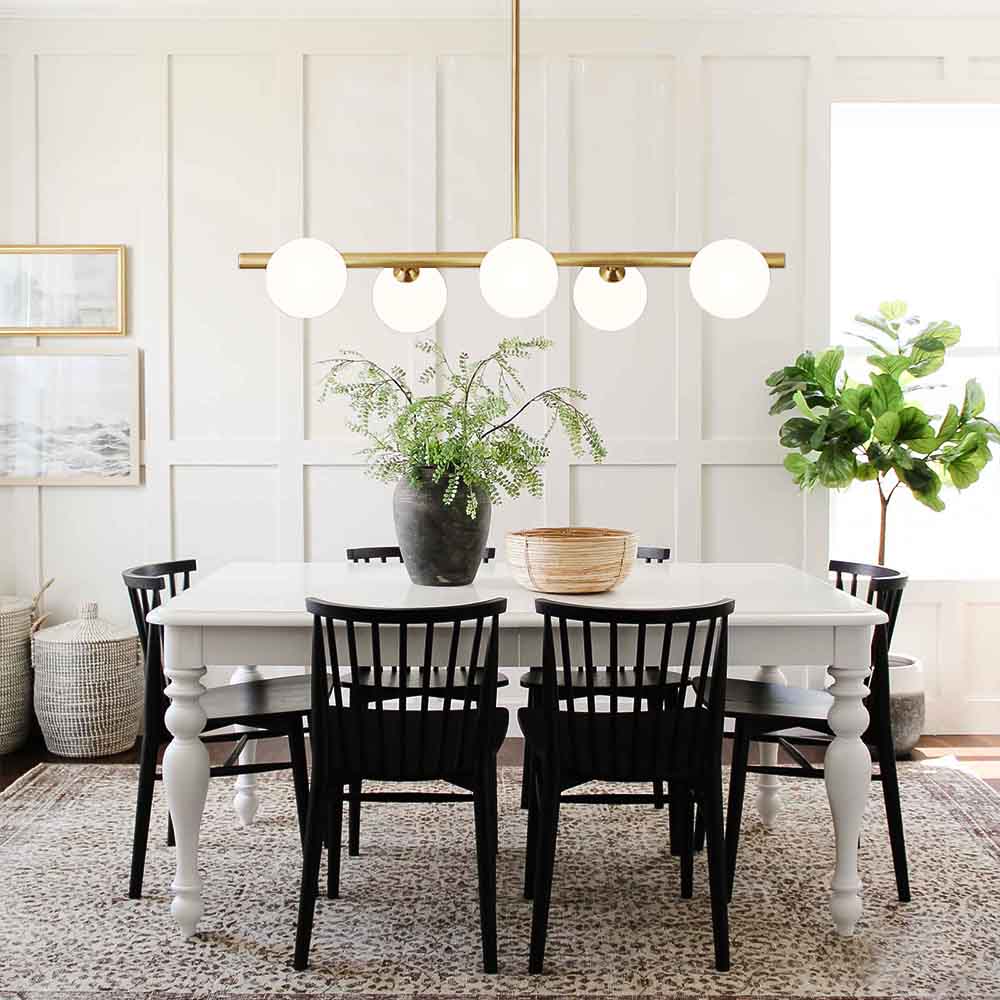 5-Light Linear Brass Chandelier with Milk Glass Globes