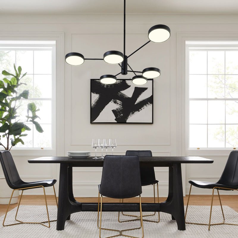 Create your own modern atmosphere with this eye-catching 6-Light LED Sputnik Chandelier. With 6 round heads extended from two layered arms and an adjustable downrod, it can easily bring extra style and energy efficiency to any room. Its sleek black metal frame and unique sputnik design make it perfect for your dining room or kitchen island. Illuminate your life with this dynamic