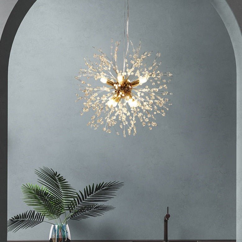 Add a modern sparkle to your home with our 8-Light Firework Crystal Chandelier! Styled with an intricately designed starburst and dandelion chandelier, this chandelier provides a stunning effect of lights and shadows. Comes with dimmable LEDs, the chandelier will add a unique and gorgeous atmosphere to all your living spaces.