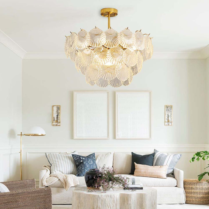 9-Light Brass Crystal Shell Glass Chandelier