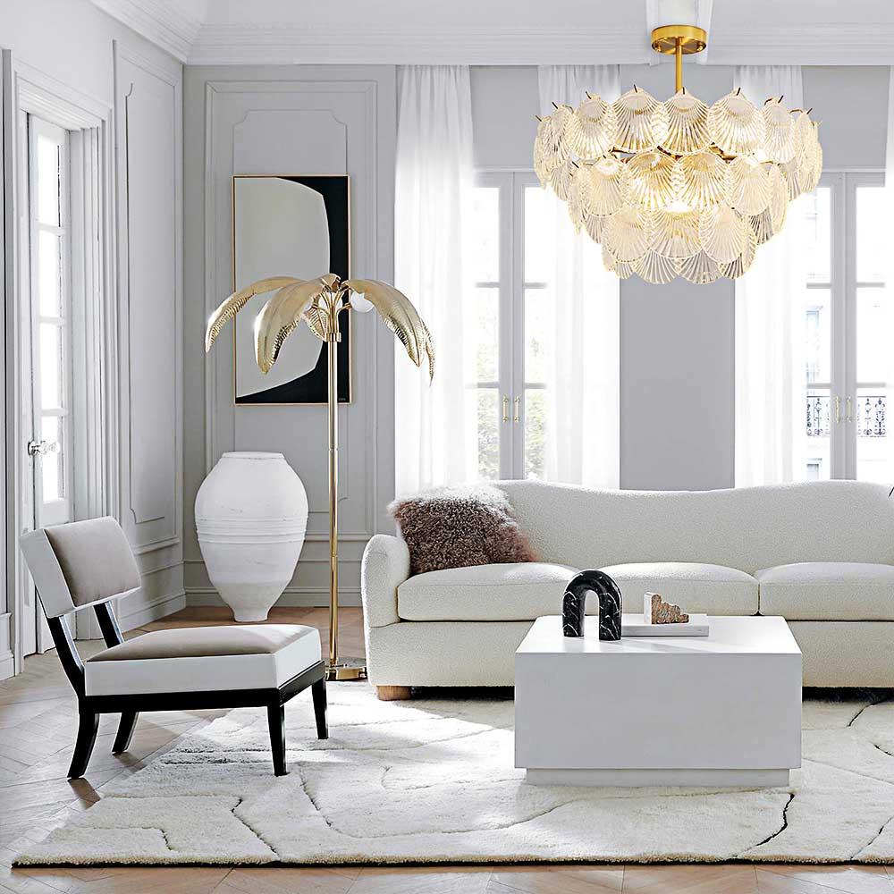 9-Light Brass Crystal Shell Glass Chandelier