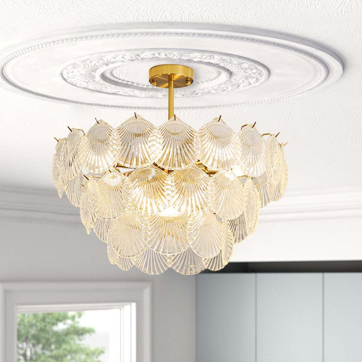 9-Light Brass Crystal Shell Glass Chandelier