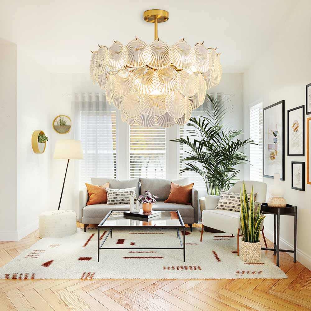 9-Light Brass Crystal Shell Glass Chandelier