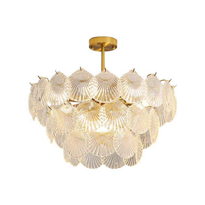 9-Light Brass Crystal Shell Glass Chandelier