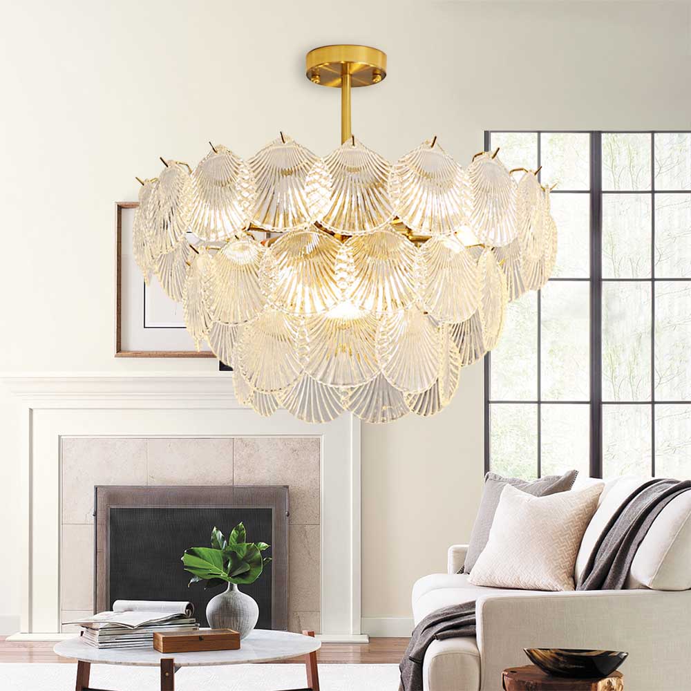 9-Light Brass Crystal Shell Glass Chandelier