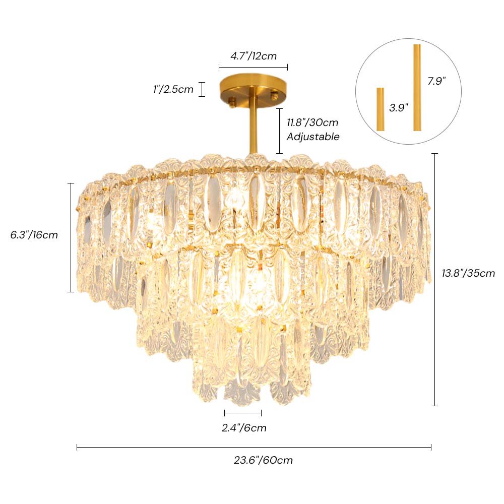 Bring light and shimmering elegance to any room with this modern tiered chandelier. Boasting 56 crystal glass panels and a warm brushed brass finish, this 9-light fixture is perfect for adding a luxurious look to any bedroom, living room, foyer, or entryway. Comes with two size rods for customizable hanging heights.