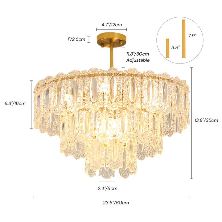 Bring light and shimmering elegance to any room with this modern tiered chandelier. Boasting 56 crystal glass panels and a warm brushed brass finish, this 9-light fixture is perfect for adding a luxurious look to any bedroom, living room, foyer, or entryway. Comes with two size rods for customizable hanging heights.