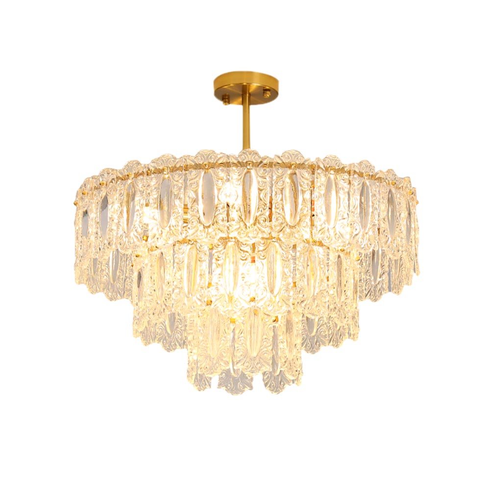 Bring light and shimmering elegance to any room with this modern tiered chandelier. Boasting 56 crystal glass panels and a warm brushed brass finish, this 9-light fixture is perfect for adding a luxurious look to any bedroom, living room, foyer, or entryway. Comes with two size rods for customizable hanging heights.