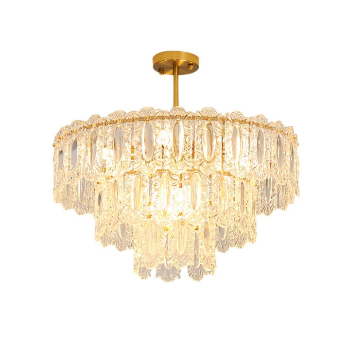 Bring light and shimmering elegance to any room with this modern tiered chandelier. Boasting 56 crystal glass panels and a warm brushed brass finish, this 9-light fixture is perfect for adding a luxurious look to any bedroom, living room, foyer, or entryway. Comes with two size rods for customizable hanging heights.