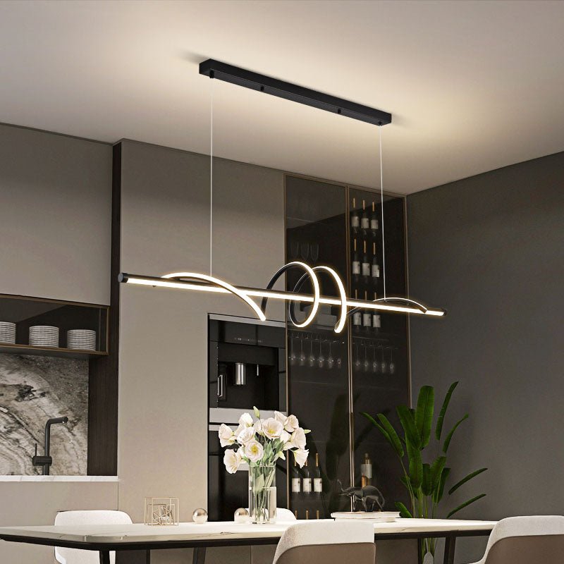 Make any space feel both modern and sophisticated with this Contemporary Dimmable Swirl Linear LED Chandelier Hanging Pendant! With its sleek linear design, integrated LED, and dimmable features with remote control, you can customize the color temperature from 3000K to 6000K, and brightness dimming from 10% to 100%, perfect for creating the perfect mood for your dining table or kitchen island. Transform your space with this stunning chandelier today!