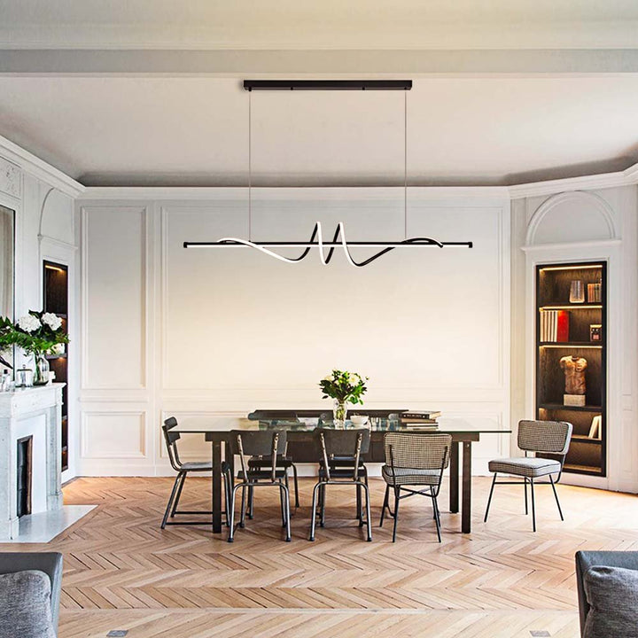 Make any space feel both modern and sophisticated with this Contemporary Dimmable Swirl Linear LED Chandelier Hanging Pendant! With its sleek linear design, integrated LED, and dimmable features with remote control, you can customize the color temperature from 3000K to 6000K, and brightness dimming from 10% to 100%, perfect for creating the perfect mood for your dining table or kitchen island. Transform your space with this stunning chandelier today!