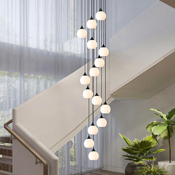 Large Round Staircase Foyer Pendant Light with Opal Globe Glass Shade