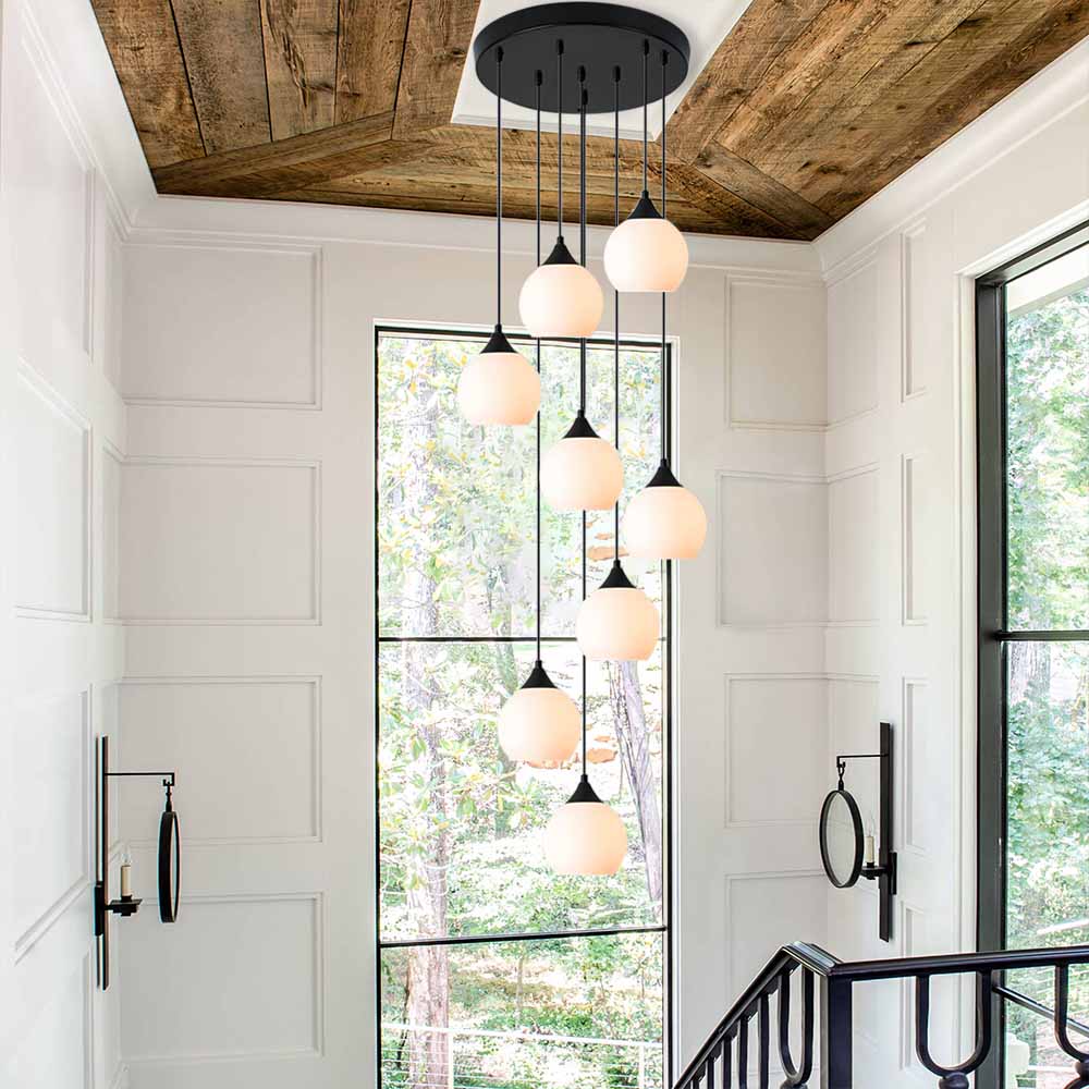 Large Round Staircase Foyer Pendant Light with Opal Globe Glass Shade