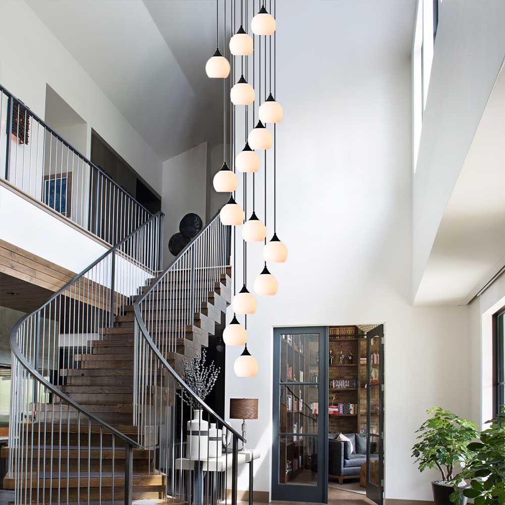 Large Round Staircase Foyer Pendant Light with Opal Globe Glass Shade