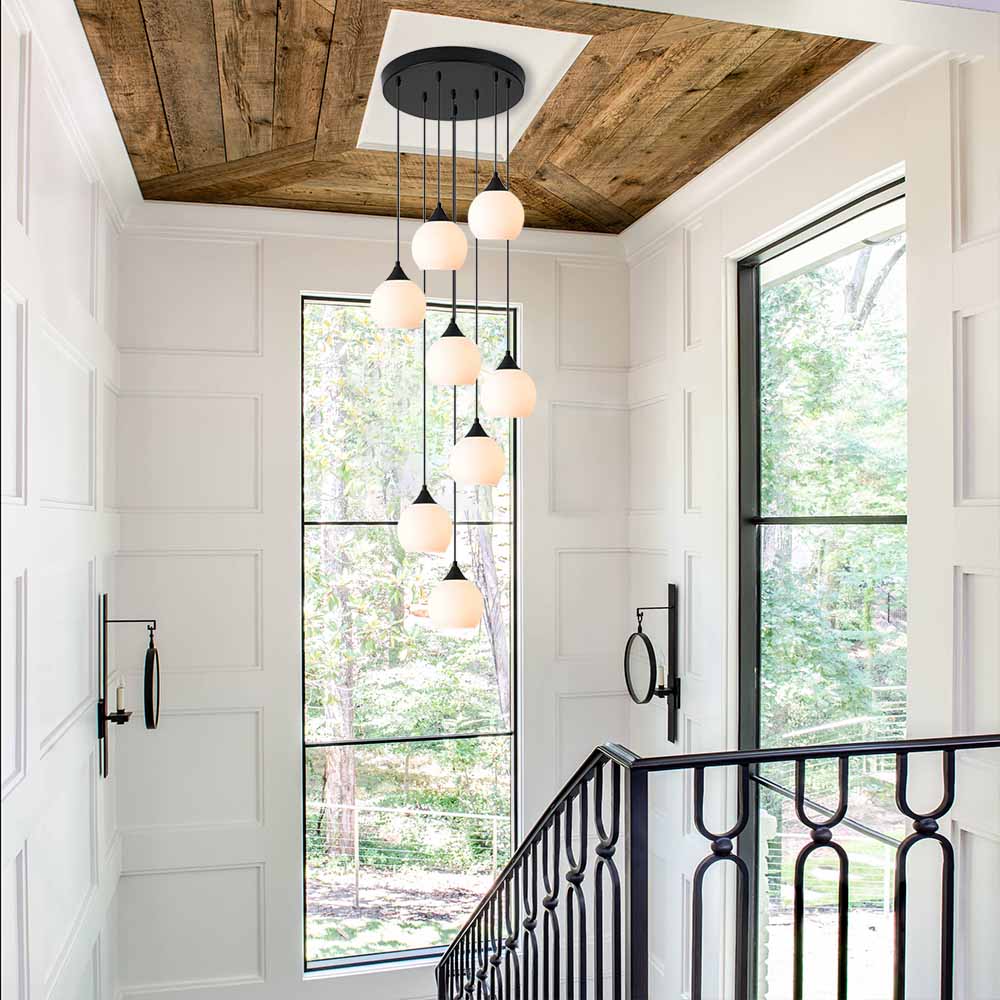 Large Round Staircase Foyer Pendant Light with Opal Globe Glass Shade