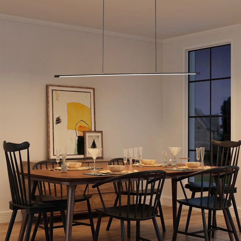 Light up your space in modern style with this minimalist LED Linear Kitchen Island Chandelier! Its LED strip chandelier and hanging pendant feature a modern line design that makes an eye-catching addition to your kitchen island, dining room, office, or other space. Enjoy bright light and an energy-efficient 10-watt output in a 3000K color temperature. Add sophisticated style to your home today!