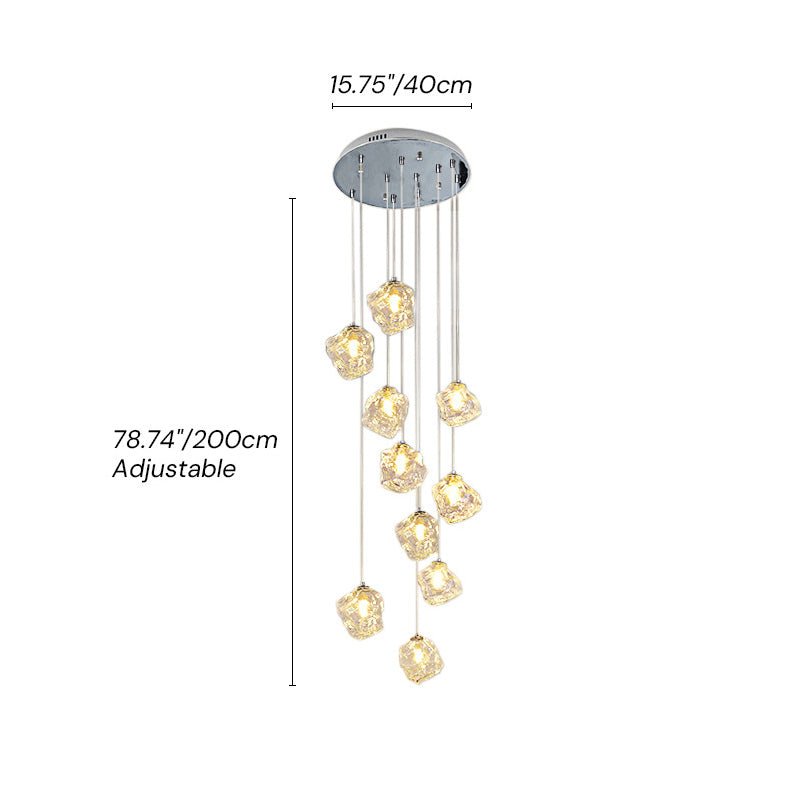 Light up your home with style: the Round Ice Glass Staircase Chandelier in Chrome. Its ice cube glass shade casts a warm, cozy atmosphere, perfect for creating a modern stylish welcoming ambience in the open staircase or entryway. Accentuate high ceilings or long staircases with this stunning chandelier, and watch as your home shines like never before!