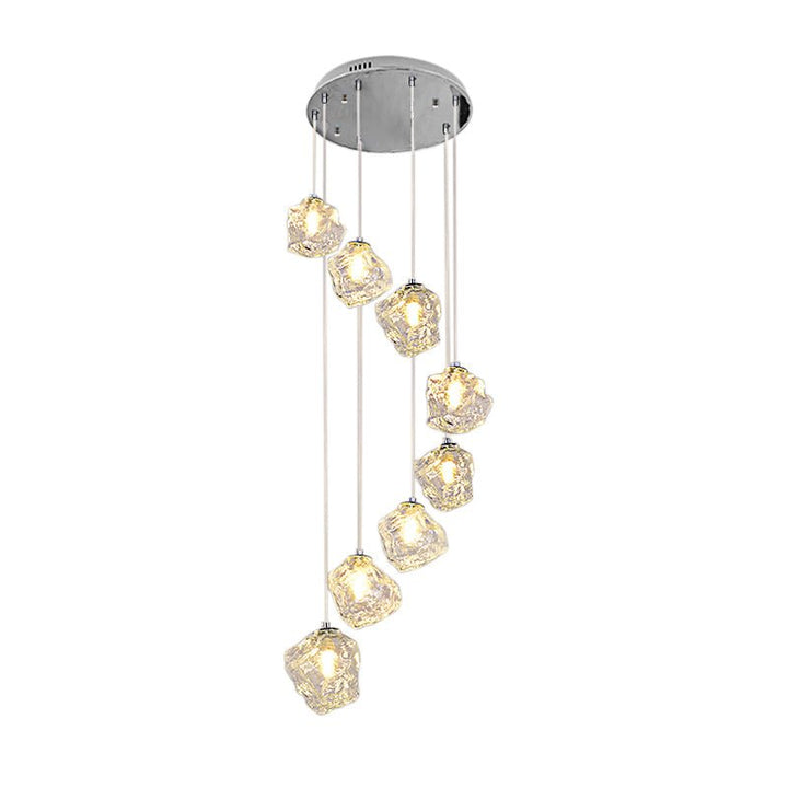 Light up your home with style: the Round Ice Glass Staircase Chandelier in Chrome. Its ice cube glass shade casts a warm, cozy atmosphere, perfect for creating a modern stylish welcoming ambience in the open staircase or entryway. Accentuate high ceilings or long staircases with this stunning chandelier, and watch as your home shines like never before!