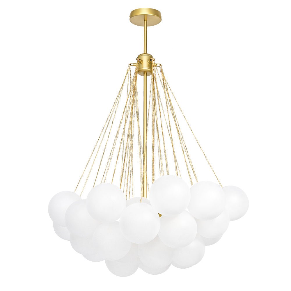 Our 3-Light Large Cluster Cloud Chandelier 37 Globes offers a modern look with two finish options: matte black and satin gold. The globe chandelier has frosted glass globes that bring an air of enchantment, creating a beautiful and stunning centerpiece for living rooms, dining rooms, or entryways. Transform your space with this gorgeous cloud design.